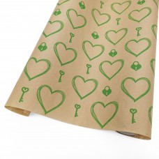 Бумага крафт ключик и сердце зеленый, 40гр/м2, 70см x 10м